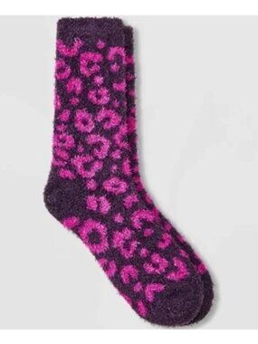 Auden Fuzzy Purple and Pink Leopard Print Socks size 4-10 Women's